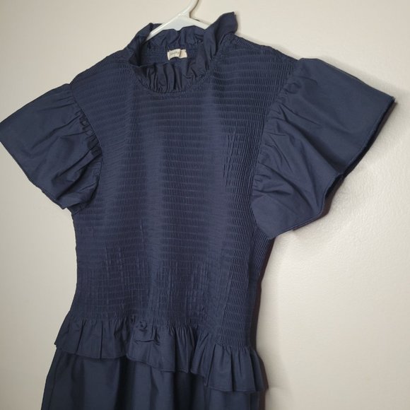 Sunday Up Dress Navy Blue Size Large Smocked Bodice Mock Neck Ruffle Sleeves - Picture 2 of 11